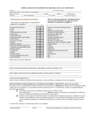 Formulario de reconocimiento de historial de salud y meningitis