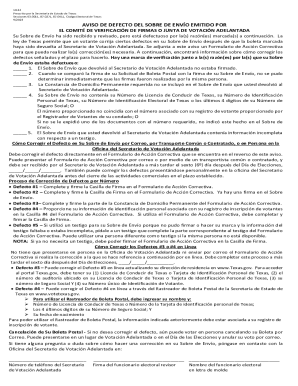 Aviso de defecto del sobre de envío emitido por el comité de verificación de firmas o junta de votación adelantada