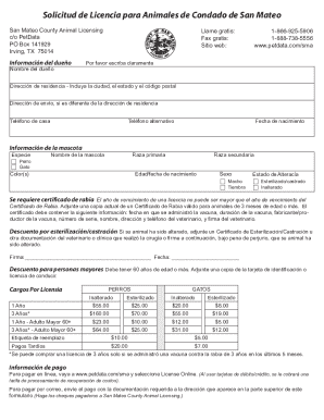 Solicitud de licencia para animales de condado de san mateo