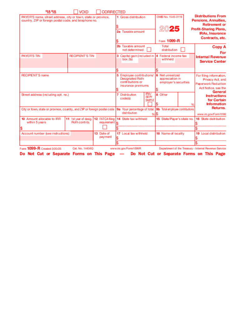 2020 IRS Tax Form 1099-R Single Sheet Set - Carbonless 6-Part For 2 Recipients - Official GPO