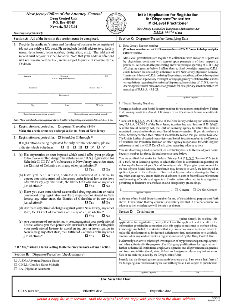 Controlled Dangerous Substance Registration Initial Application Preview on Page 1