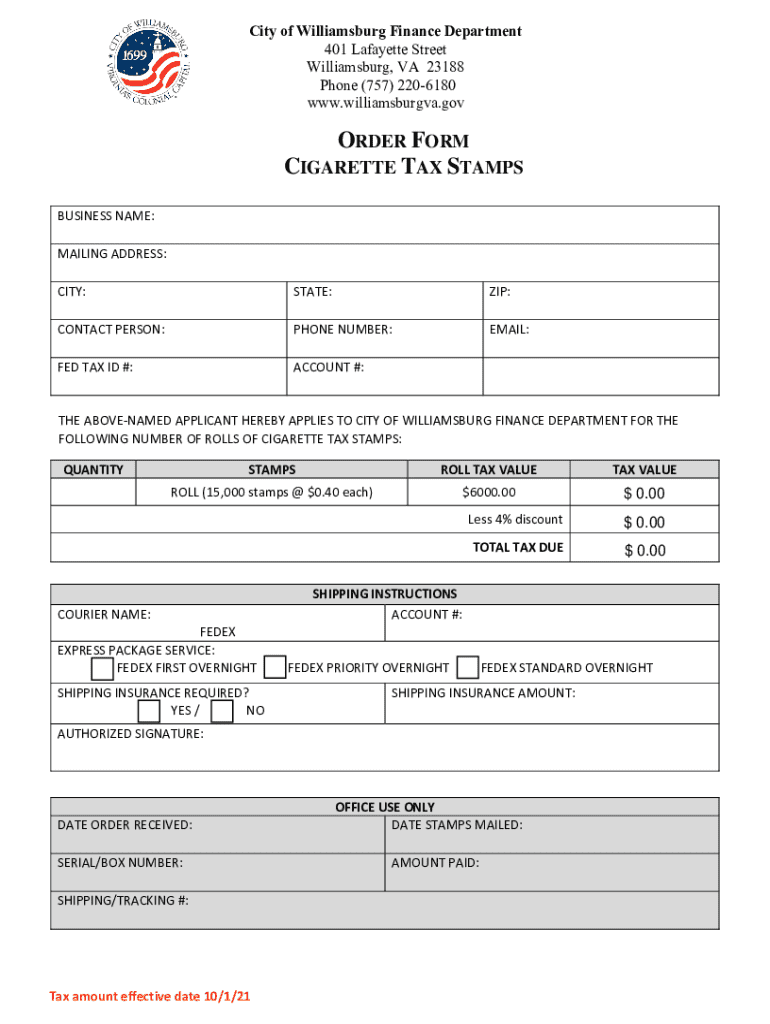Cigarette Tax Stamps Order Form Preview on Page 1