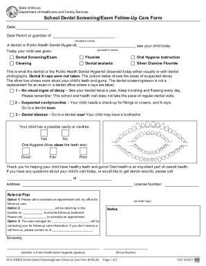 School dental screening/exam follow-up care form