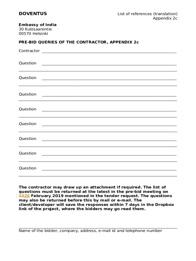 Fillable Online Pre-bid Queries of the Contractor, Appendix 2c Fax ...