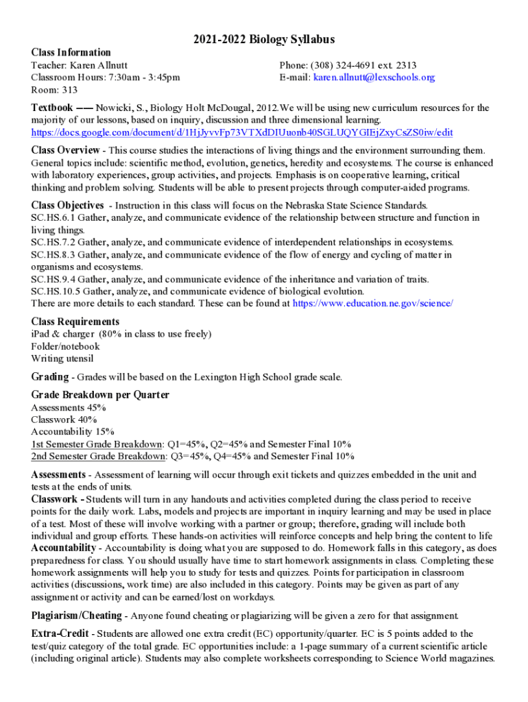 Fillable Online Biology Syllabus for Class 2021-2022 Fax Email Print ...