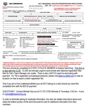 USA Swimming 2011 Seasonal Athlete Registration Application