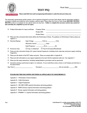 Product Information Questionnaire for Testing
