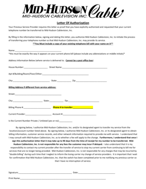 Letter of Authorization for Telephone Number Transfer