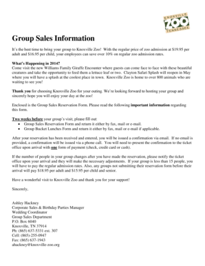 Knoxville Zoo Group Sales Reservation Form