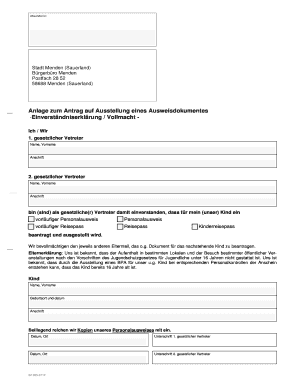 Anlage zum Antrag auf Ausstellung eines Ausweisdokumentes - Einverständniserklärung / Vollmacht -