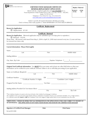 Texas Certified Food Manager Certificate Renewal Application