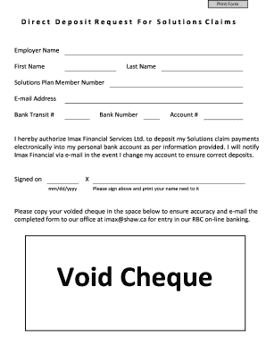 Direct Deposit Request for Solutions Claims