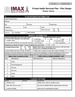 Private Health Services Plan Design Form