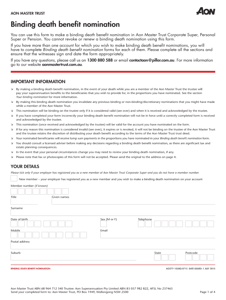 Fillable Online Binding death benefit nomination. Binding death benefit