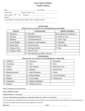 San Carlos Podiatry Health History Form