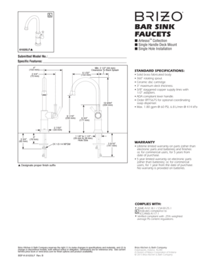 Brizo Artesso Faucet Specification Sheet