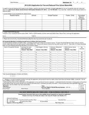 2015-2016 Application for Free and Reduced Price School Meals/Milk