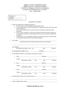 California Small Claims Plaintiff Statement