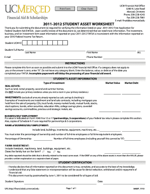 2011-2012 Student Asset Worksheet