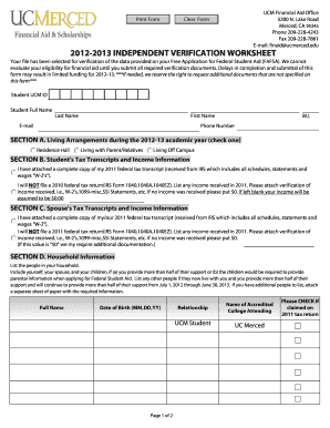 2012-2013 Independent Verification Worksheet
