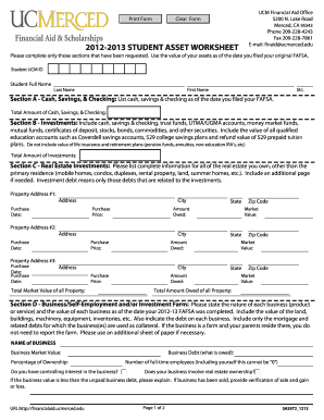 2012-2013 Student Asset Worksheet
