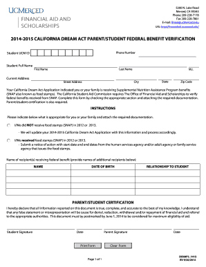 California Dream Act Parent/Student Federal Benefit Verification