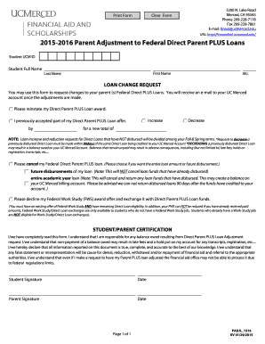 2015-2016 Parent Adjustment to Federal Direct Parent PLUS Loans