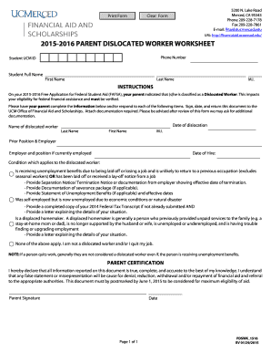 2015-2016 Parent Dislocated Worker Worksheet