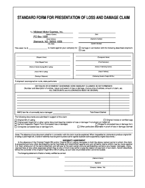 Standard Form for Presentation of Loss and Damage Claim