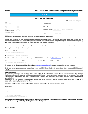 SBI Life Smart Guaranteed Savings Plan Welcome Letter