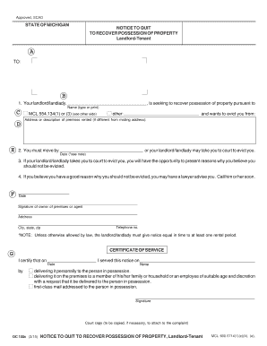 Michigan Notice to Quit to Recover Possession of Property