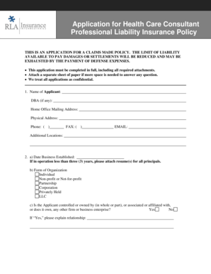 Application for Health Care Consultant Professional Liability Insurance