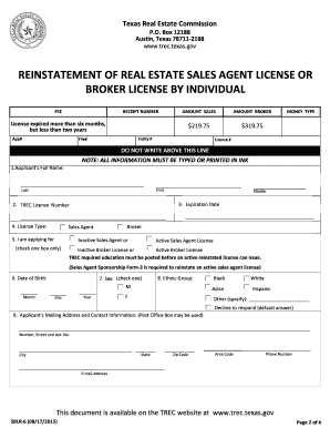 Texas Sales Agent and Broker License Reinstatement Form