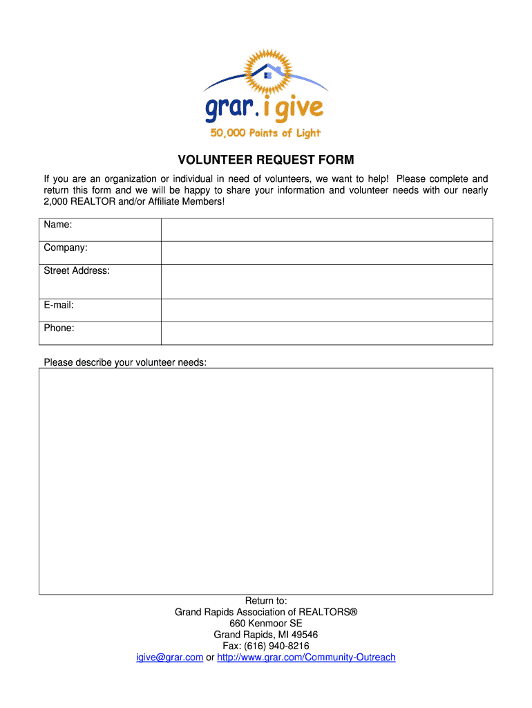 Fillable Online Volunteer request form Grand Rapids Association of