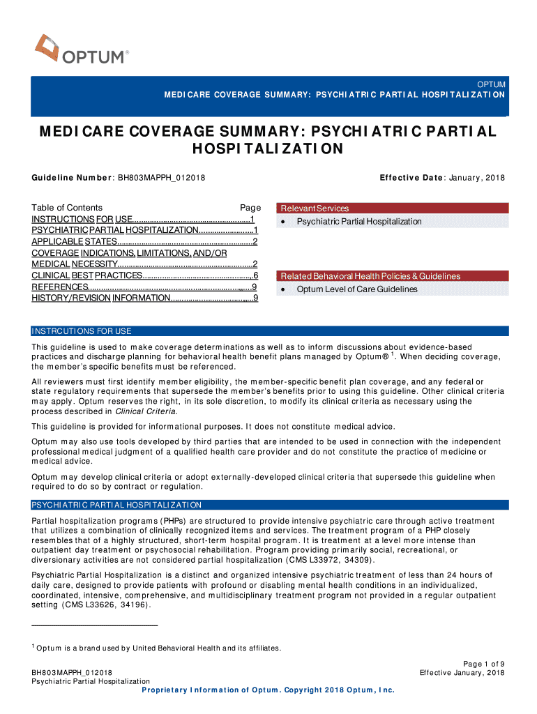 Fillable Online MEDICARE COVERAGE SUMMARY PSYCHIATRIC PARTIAL