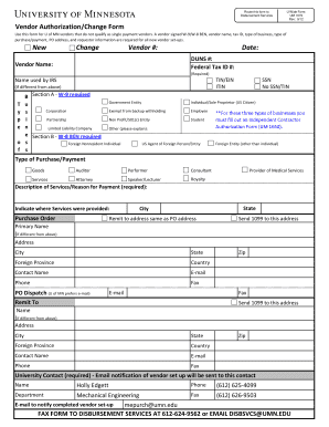 University of Minnesota Vendor Authorization/Change Form