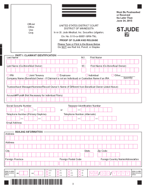 St. Jude Medical Securities Litigation Proof of Claim and Release