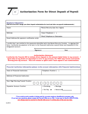 Authorization Form for Direct Deposit of Payroll