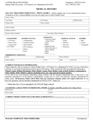 Kansas State University Medical History Form