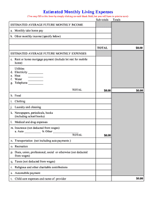 Estimated Monthly Living Expenses Form