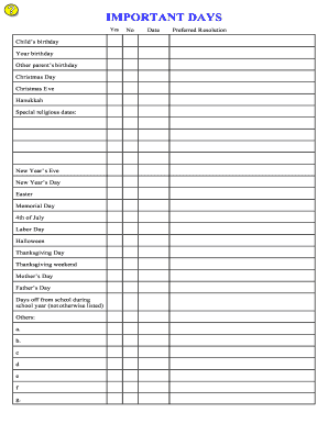 Important Days Holiday Calendar