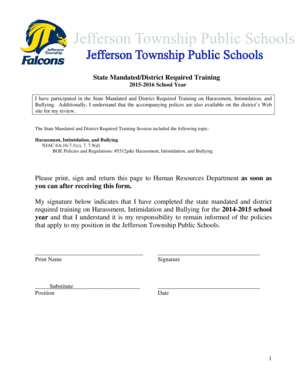 School Harassment Training Completion Form