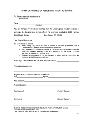 Thirty-Day Notice of Intent to Vacate
