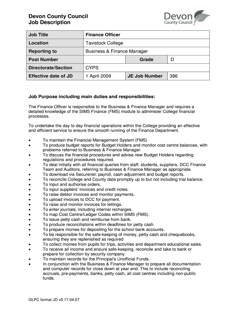 Fillable Online Job Description Tavistock College Fax Email Print
