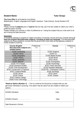 Student Subject Selection Form