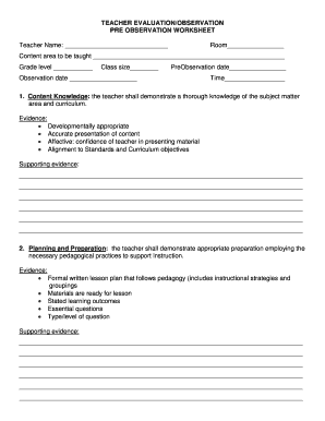 Teacher Evaluation Observation Worksheet