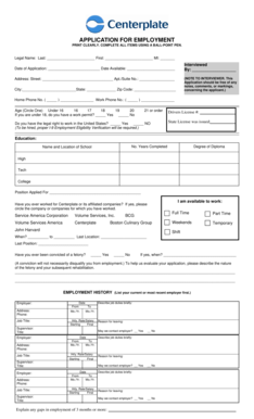 Centerplate Employment Application Form