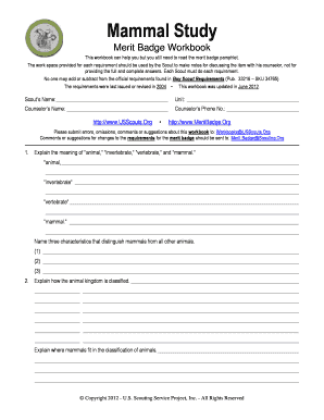 Mammal Study Merit Badge Worksheet - Fill and Sign Printable Template Online