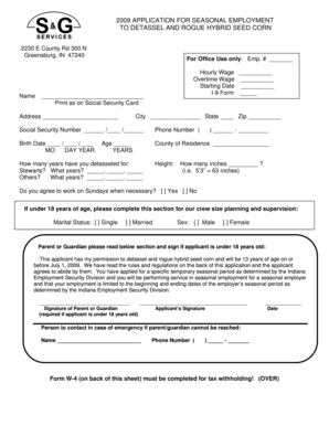 2009 Seasonal Employment Application for Detasseling Corn