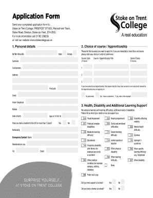 Stoke on Trent College Application Form